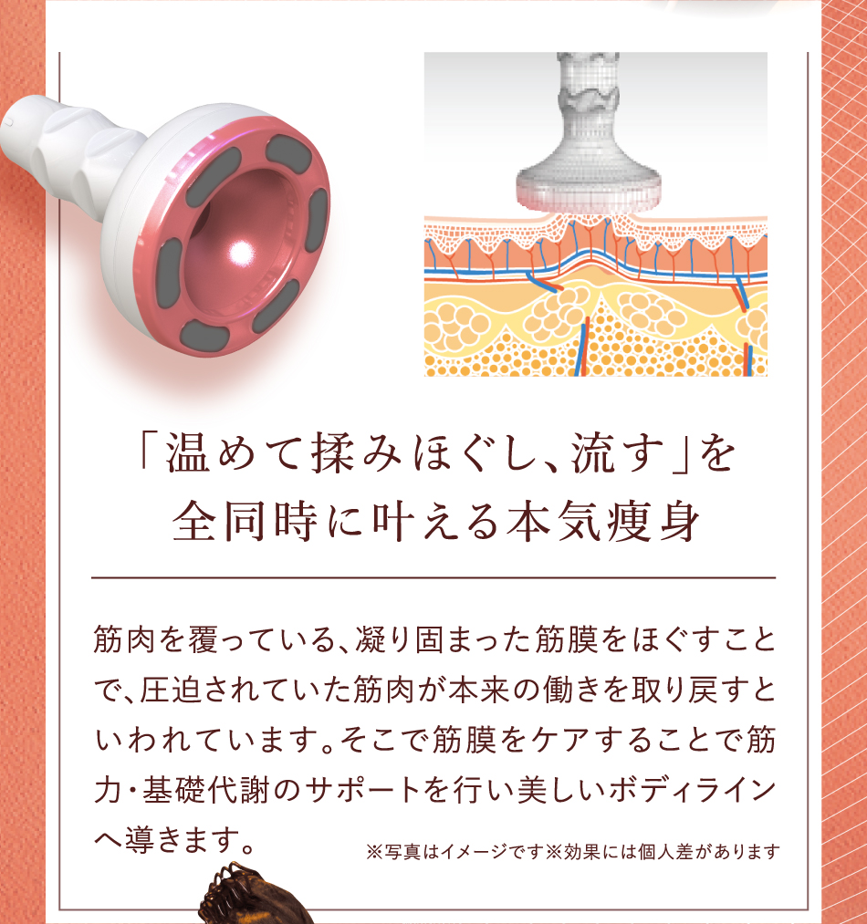 「温めて揉みほぐし、流す」を全同時に叶える本気痩身 筋肉を覆っている、凝り固まった筋膜をほぐすことで、圧迫されていた筋肉が本来の働きを取り戻すといわれています。そこで筋膜をケアすることで筋力・基礎代謝のサポートを行い美しいボディラインへ導きます。